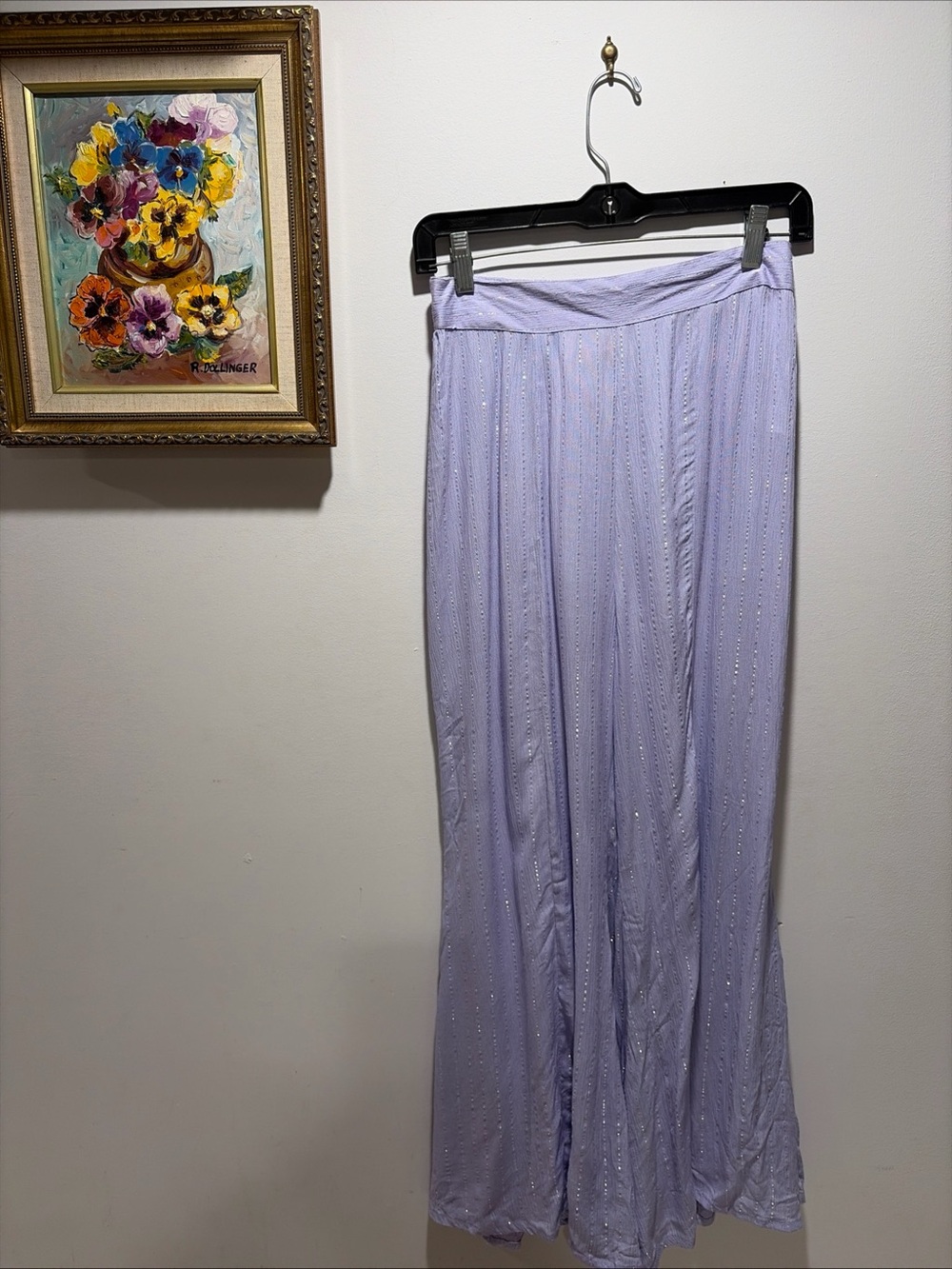 Light Purple Wide Leg Pants Boho Flowy Beach Feminine Silver Metallic Fairy